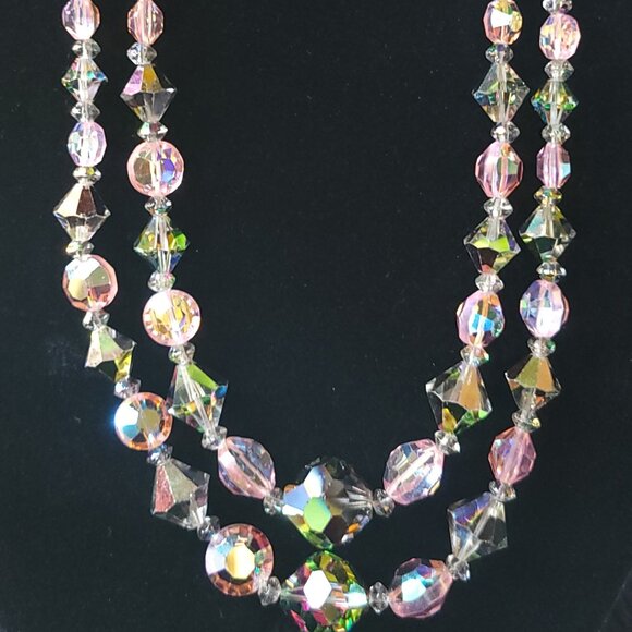 Vintage 50s/60s Double Strand Aurora Borealis Crystal Necklace - Picture 1 of 7